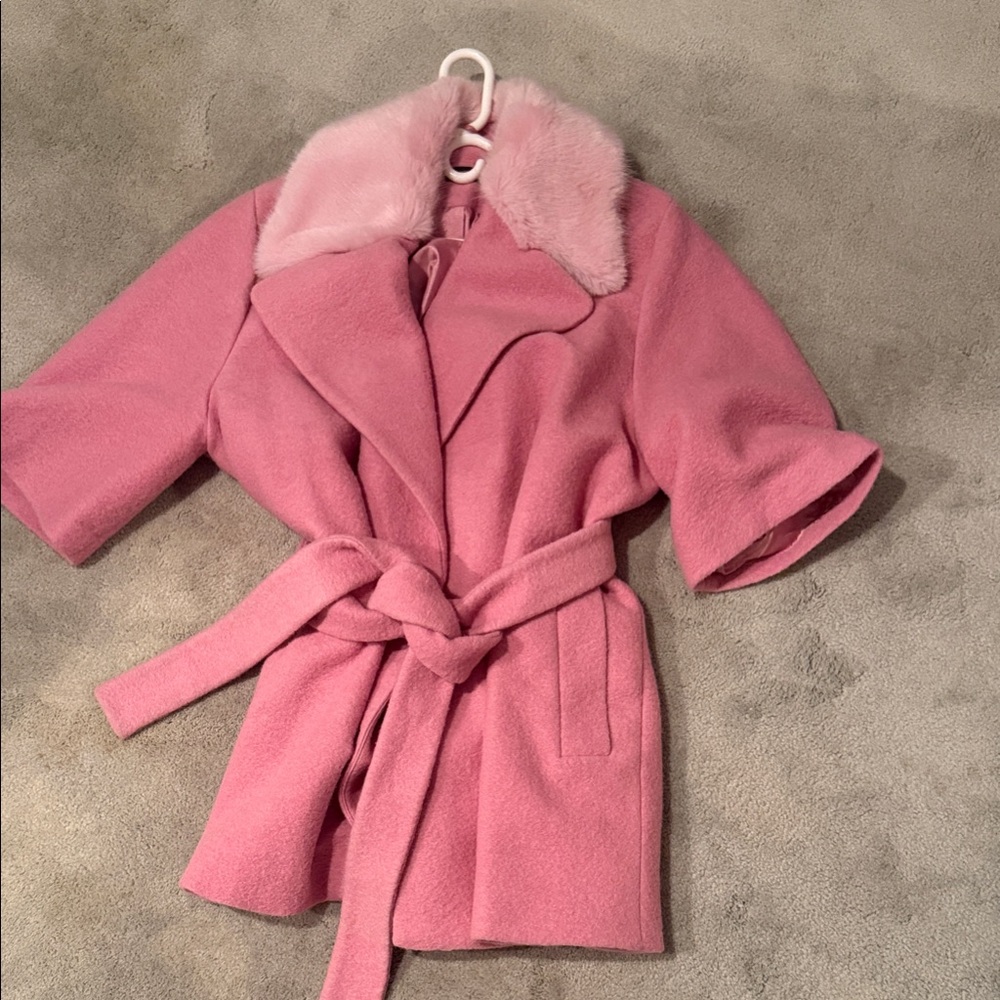 Topshop Pink Belted Wool-Blend Trench Coat with Faux Fur Collar